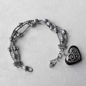 Brighton Diva Bracelet 3 Strand Silver Plated Black Heart Charm Retired WEAR